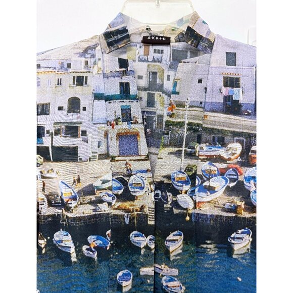 Akris Marina Grande Capri Port Print Cotton Shirt Top Blue Buildings Boats 6 - Picture 5 of 13